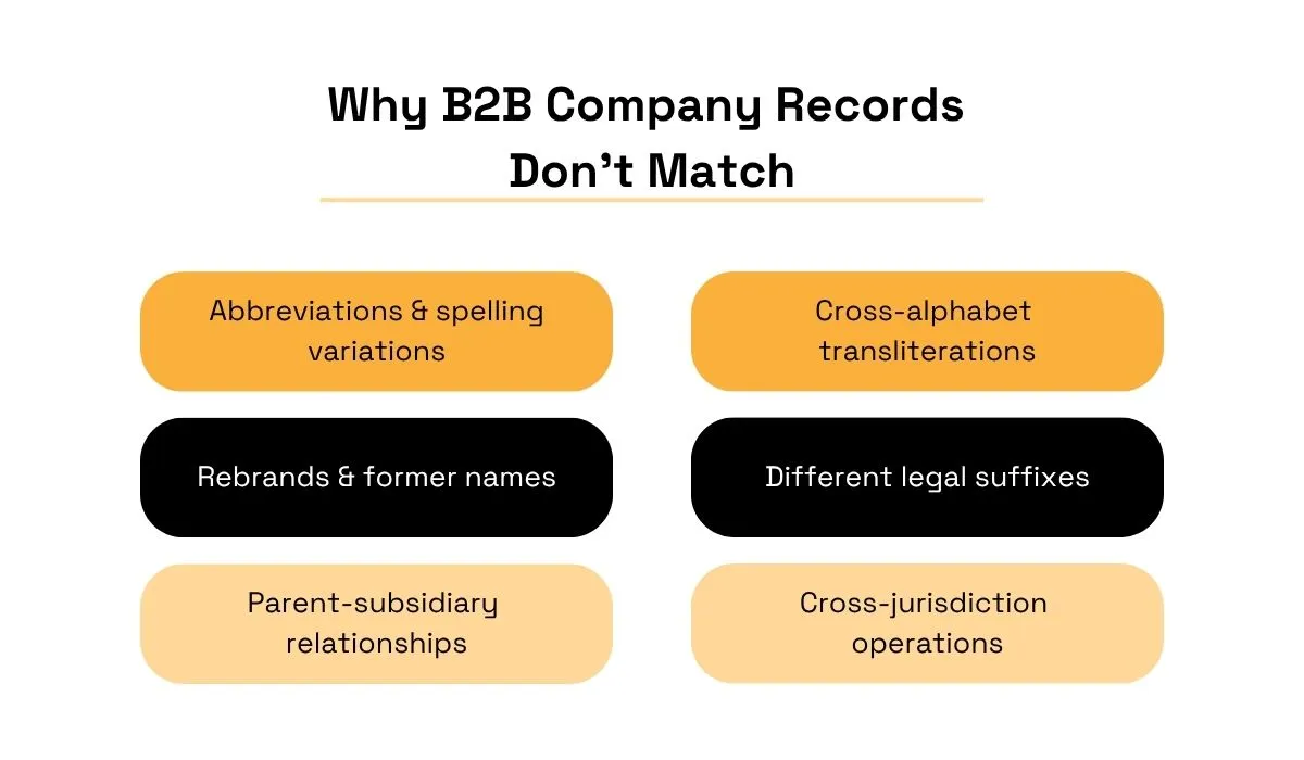 Reasons B2B company records do not match, including spelling variations, transliterations, former names, legal suffixes, parent-subsidiary relationships, and cross-jurisdiction operations